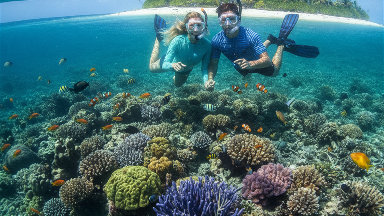 Young couple snorkeling tropical water colorful fish coral reef island