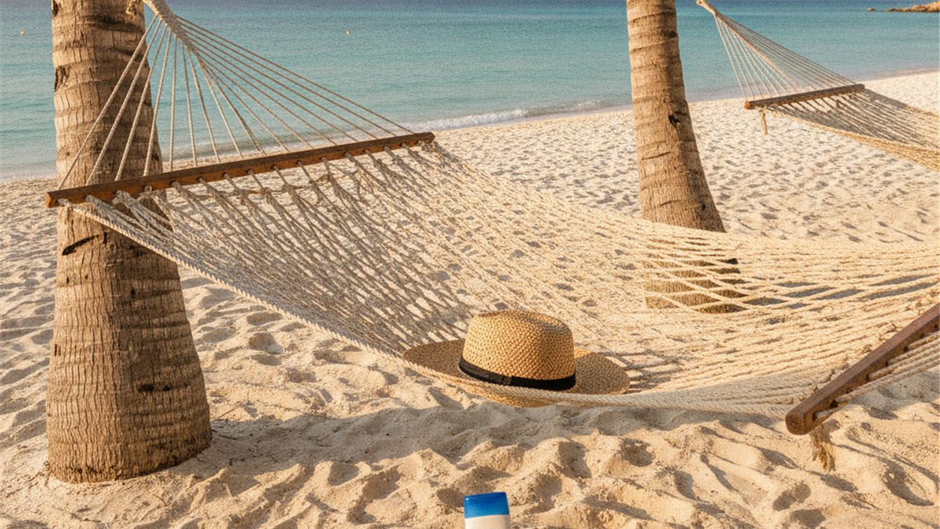 Hammock palm trees white sand tropical beach turquoise sea afternoon