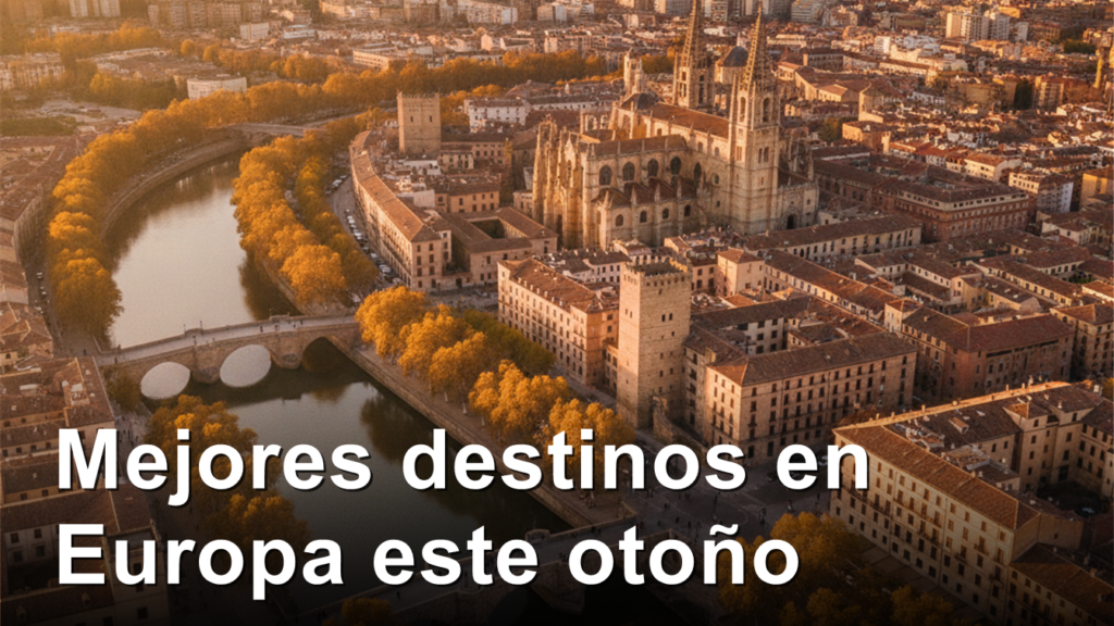 Aerial view of a historic European city in autumn with golden foliage