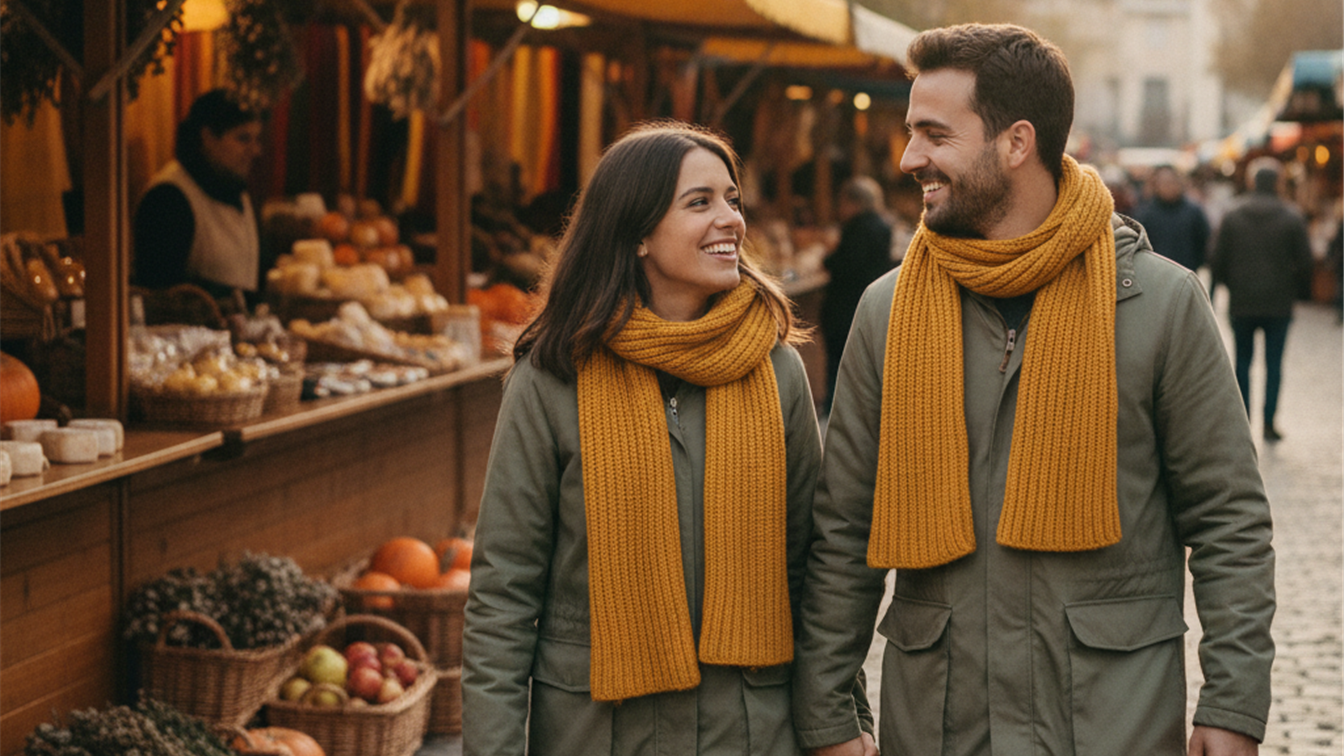 Young couple exploring a European market in autumn