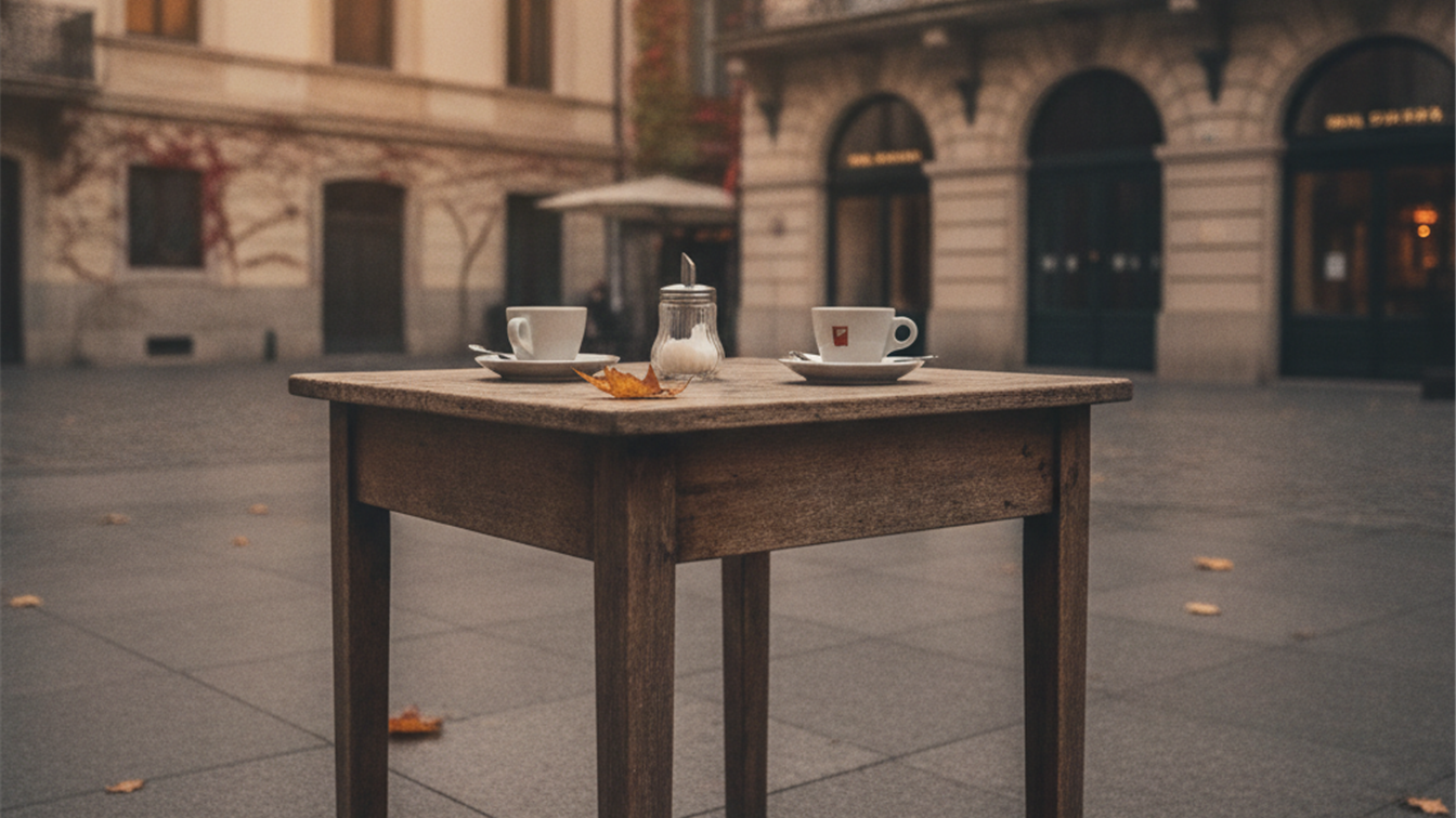 Cozy outdoor cafe terrace in a European city in autumn