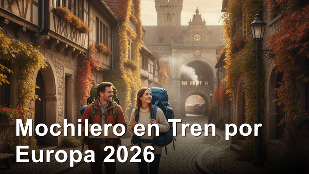 mochilero viajando en tren por Europa en otono