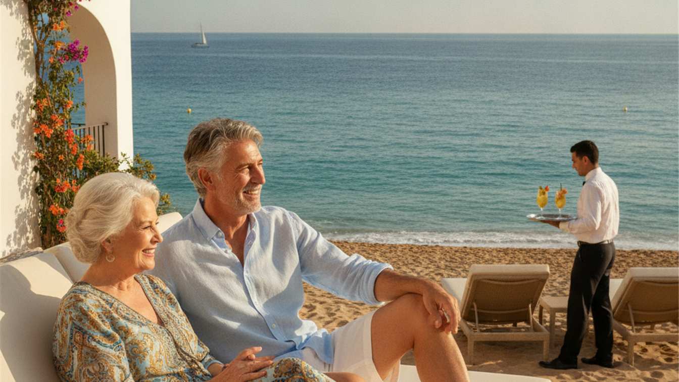 Pareja jubilados disfrutando vacaciones playa Espana Imserso 2026