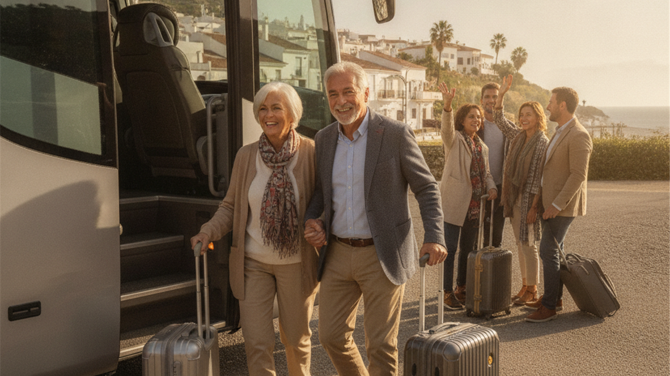 Turistas mayores disfrutando viaje grupo Espana