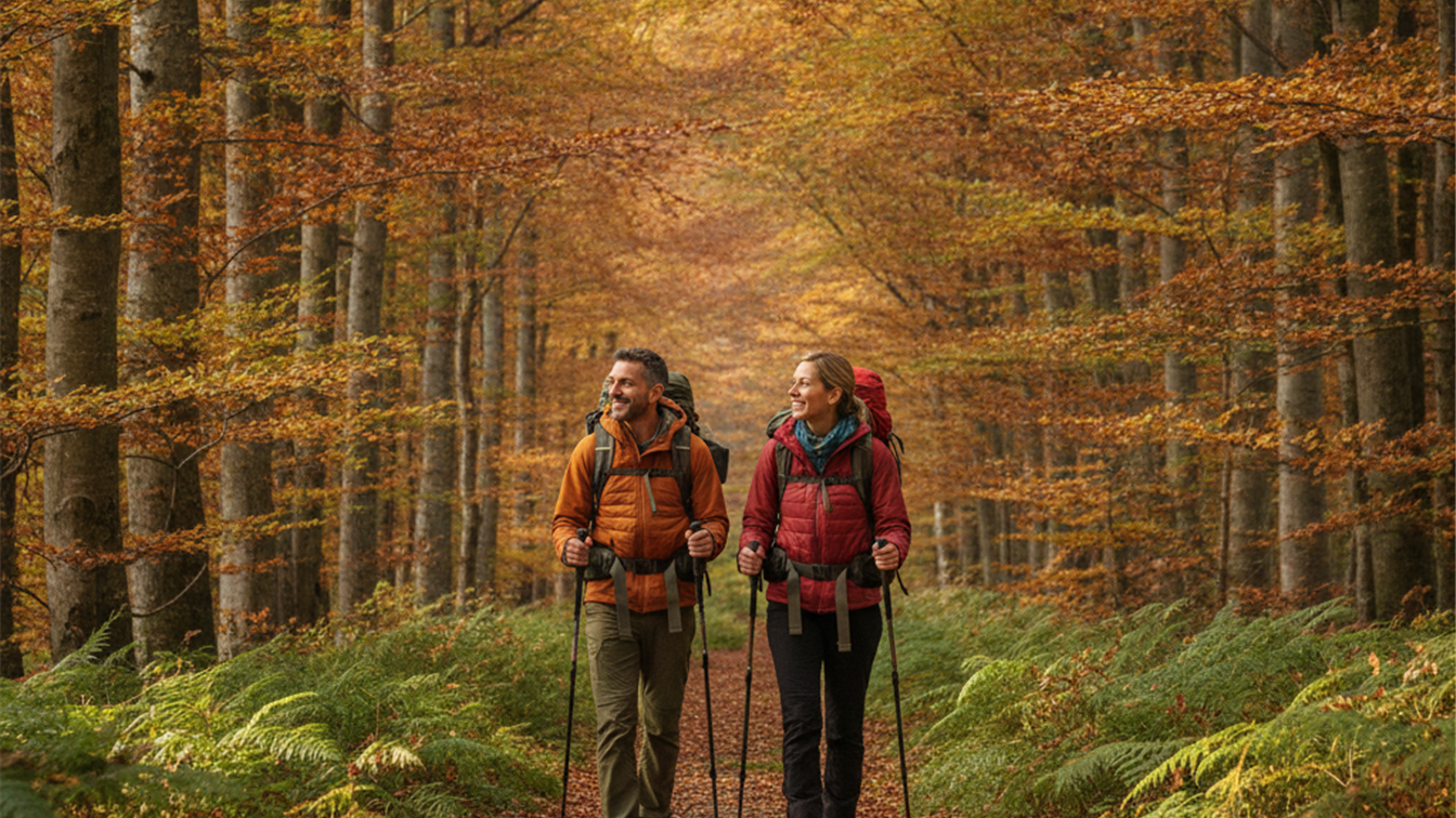 Senderistas en un bosque de hayas doradas en España durante el otoño del puente de octubre