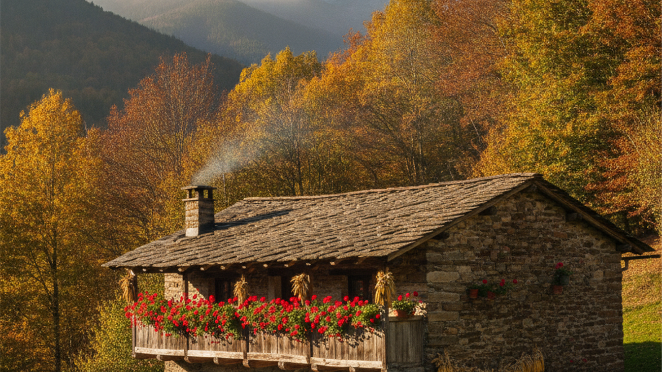 Casa rural de piedra en Asturias rodeada de árboles en otoño para escapada de naturaleza