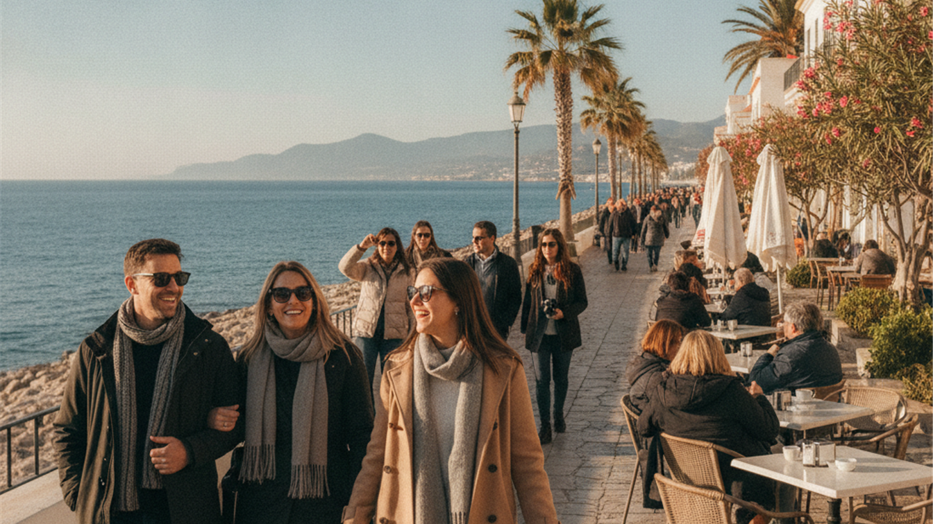 tourists Mediterranean promenade winter sunshine Europe destinations