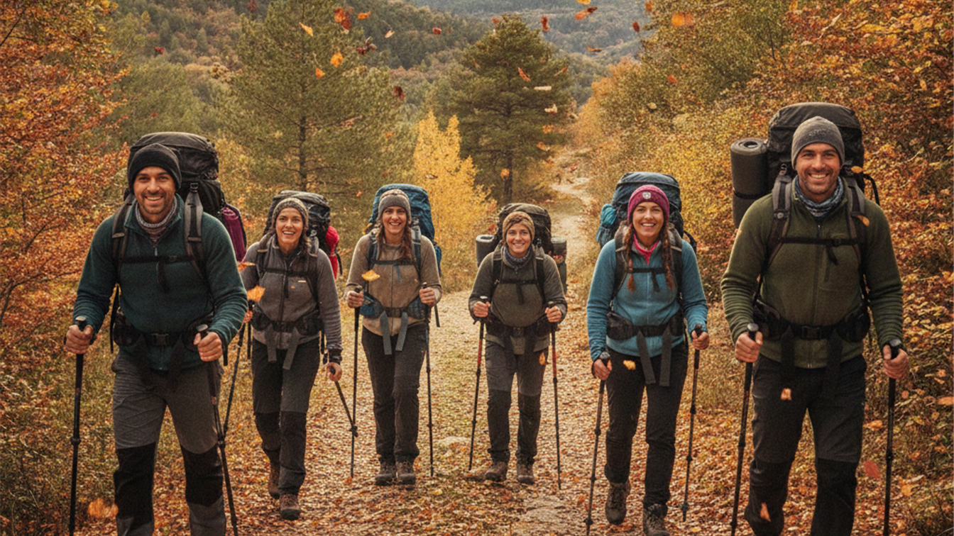Excursionistas senderismo bosque otoño España