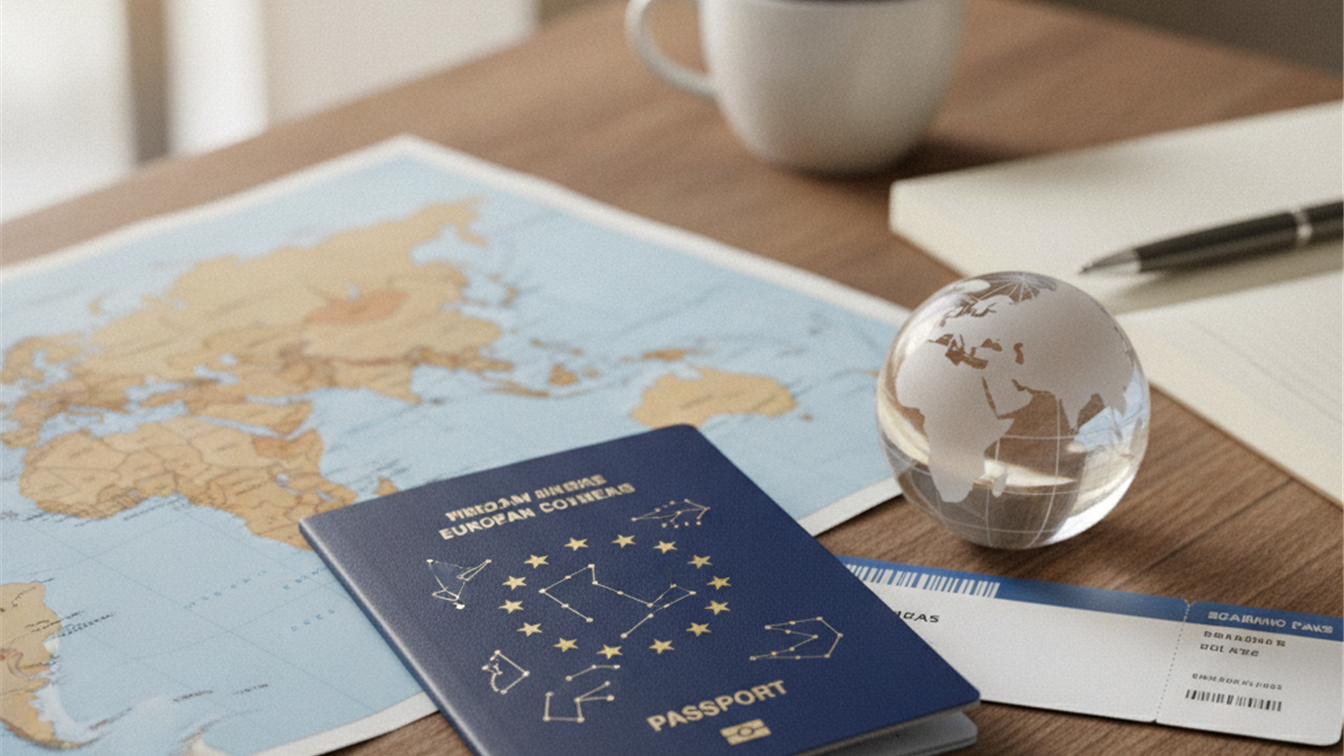 Pasaporte espanol y mapa del mundo sobre mesa de madera planificacion de viaje