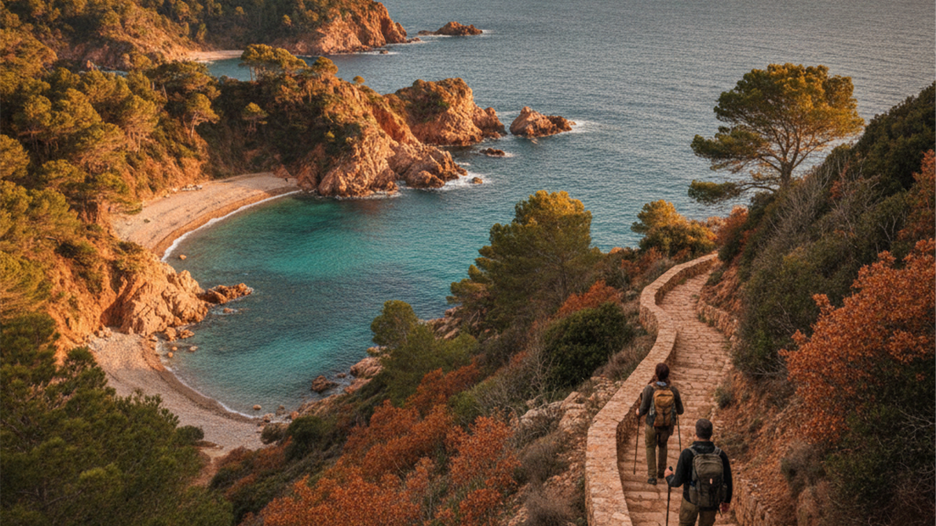 Pareja caminando por el camino de ronda de la Costa Brava