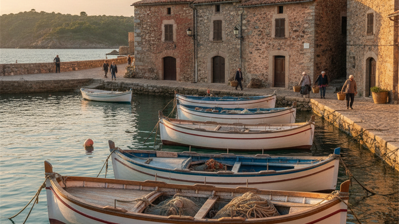 Barcas de pesca en un puerto de un pueblo costero catalan
