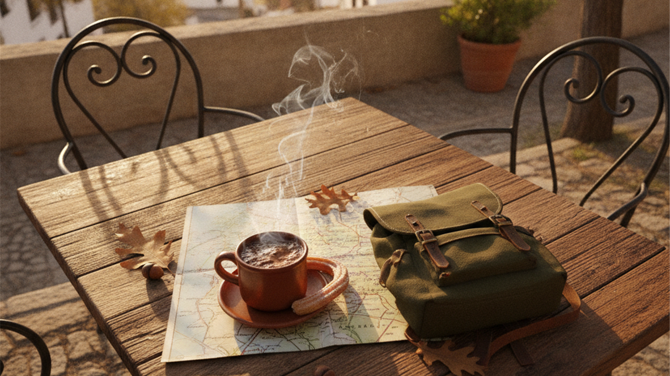 Chocolate caliente, mapa y mochila en una cafeteria