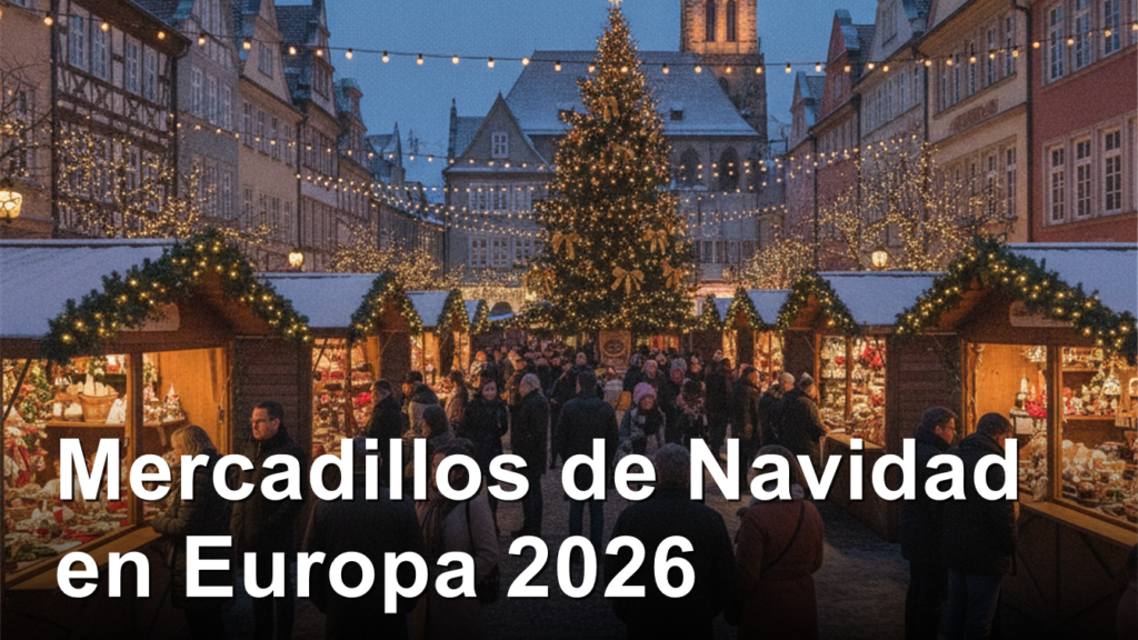 Mercadillo de Navidad europeo con puestos de madera y luces