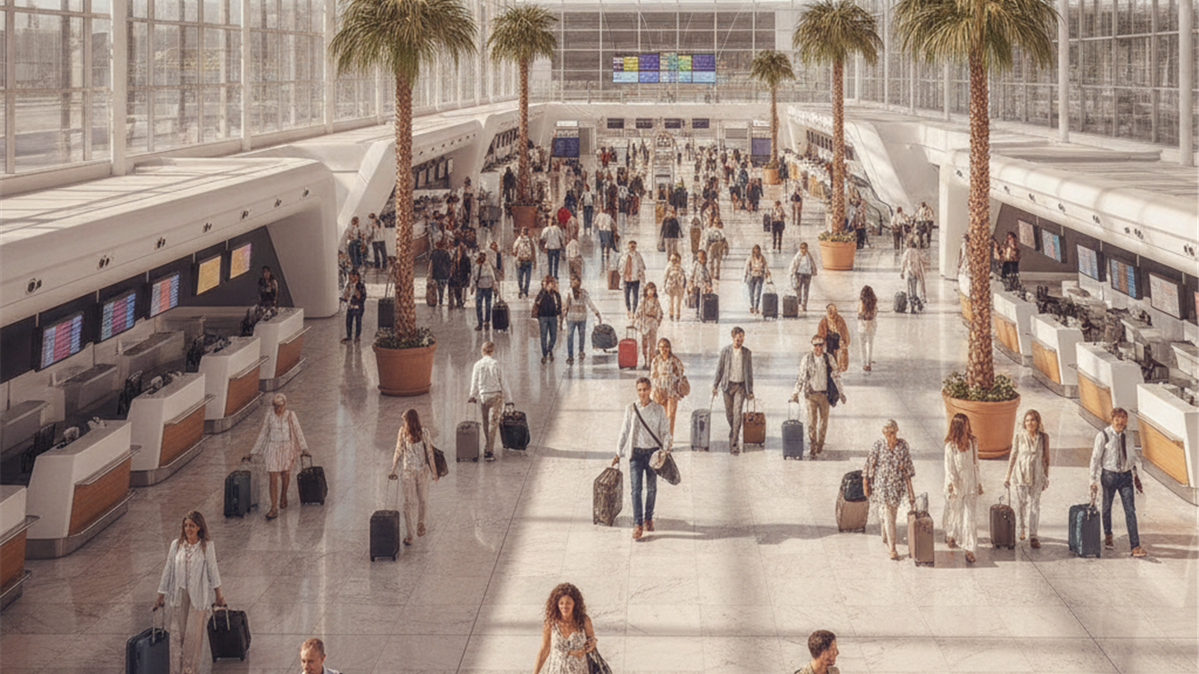Viajeros con maletas en un aeropuerto moderno
