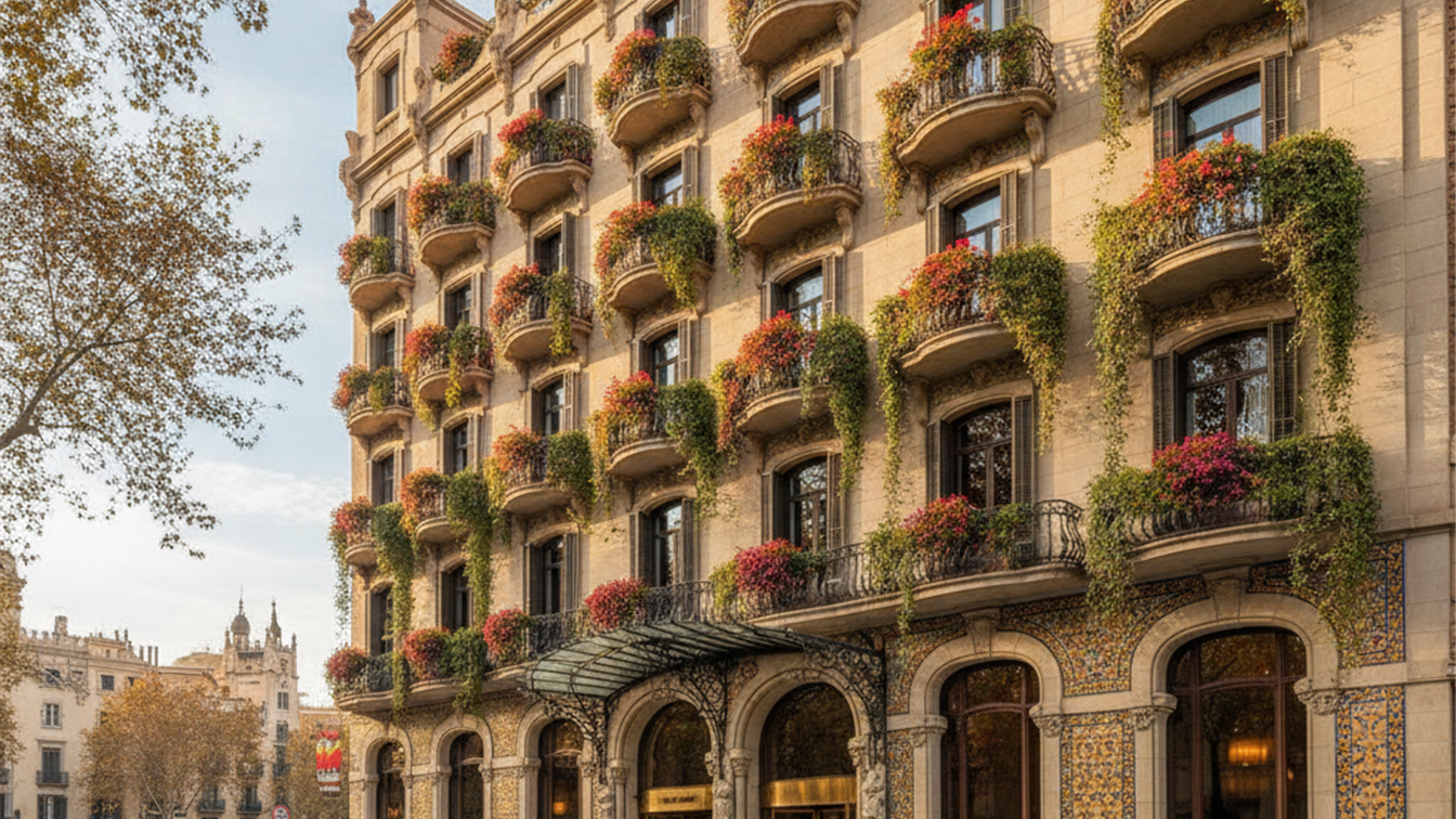 Fachada de hotel con balcones en Barcelona en una mañana de otoño