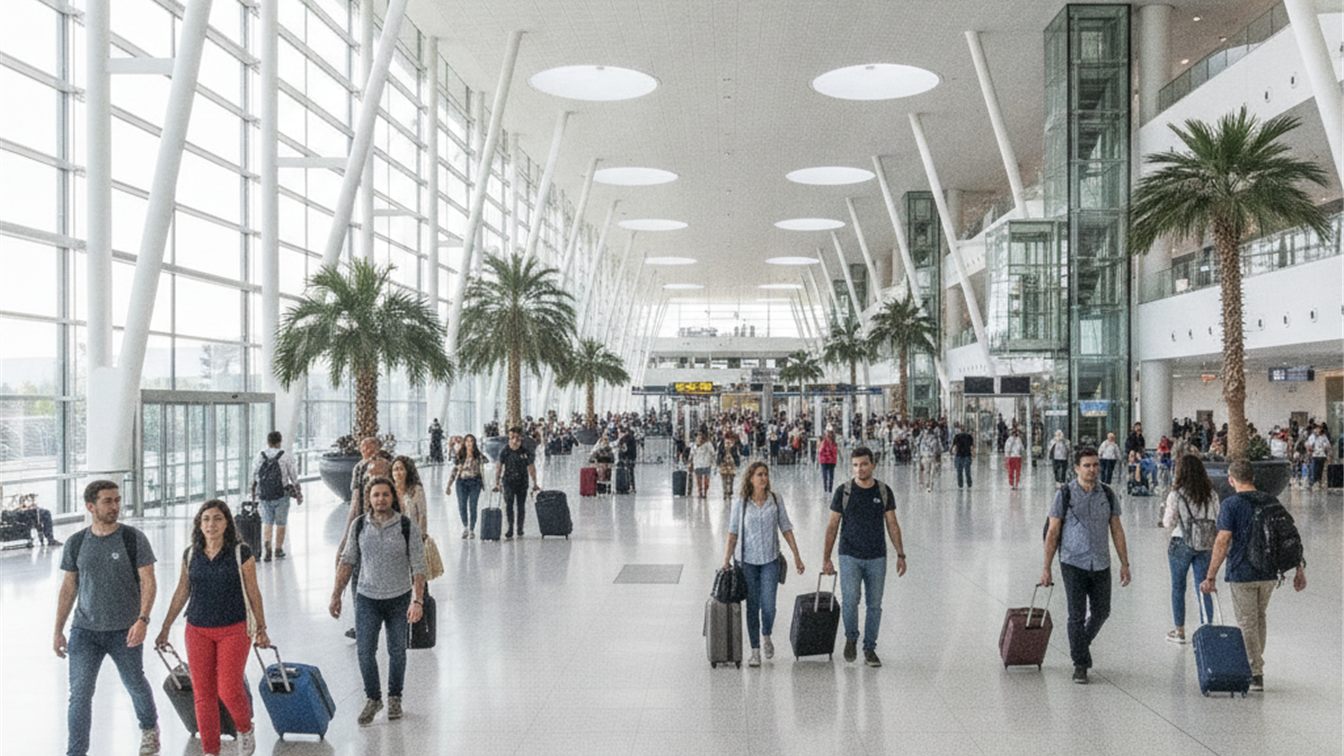 Viajeros con maletas en un aeropuerto español