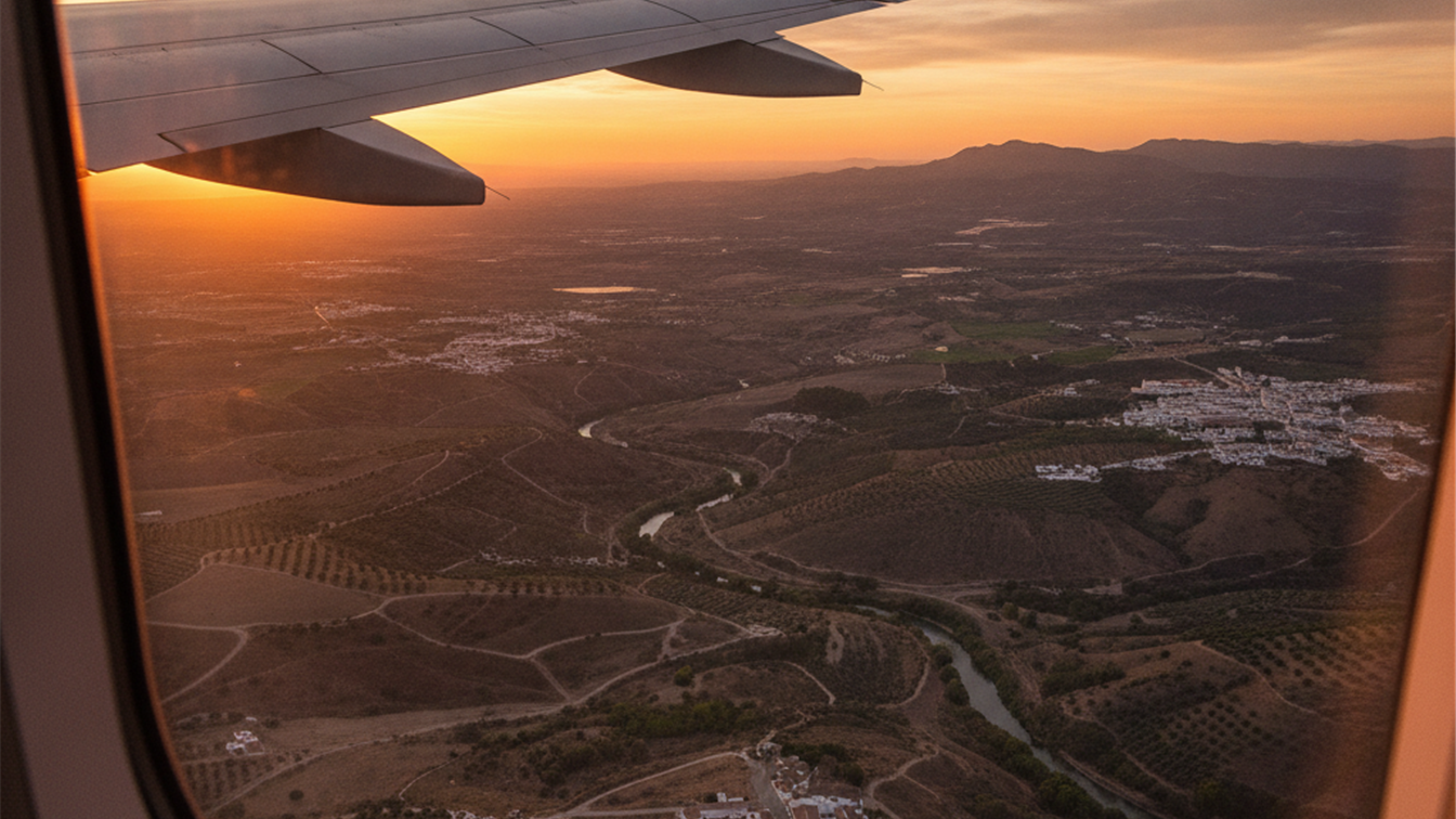 Ala de avión sobre el paisaje de Andalucía al atardecer