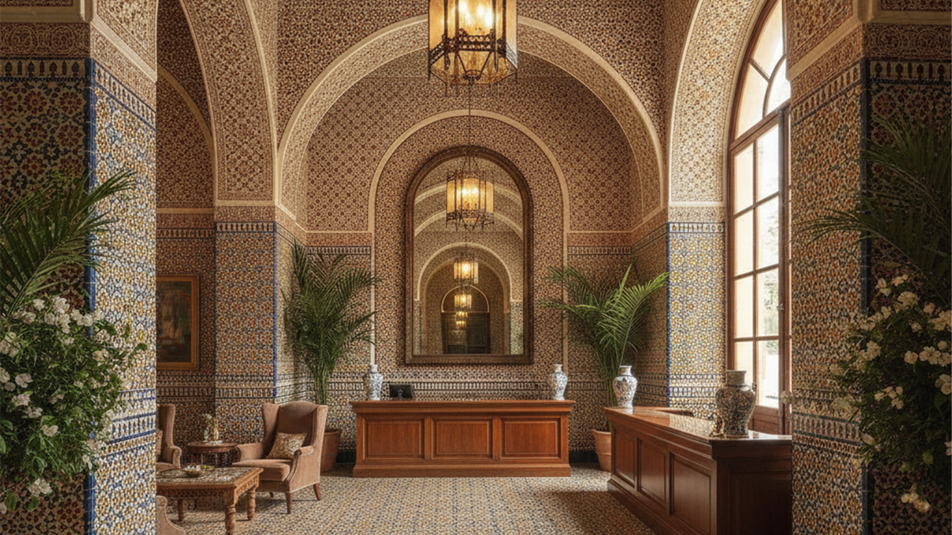 Vestíbulo de un hotel andaluz con azulejos