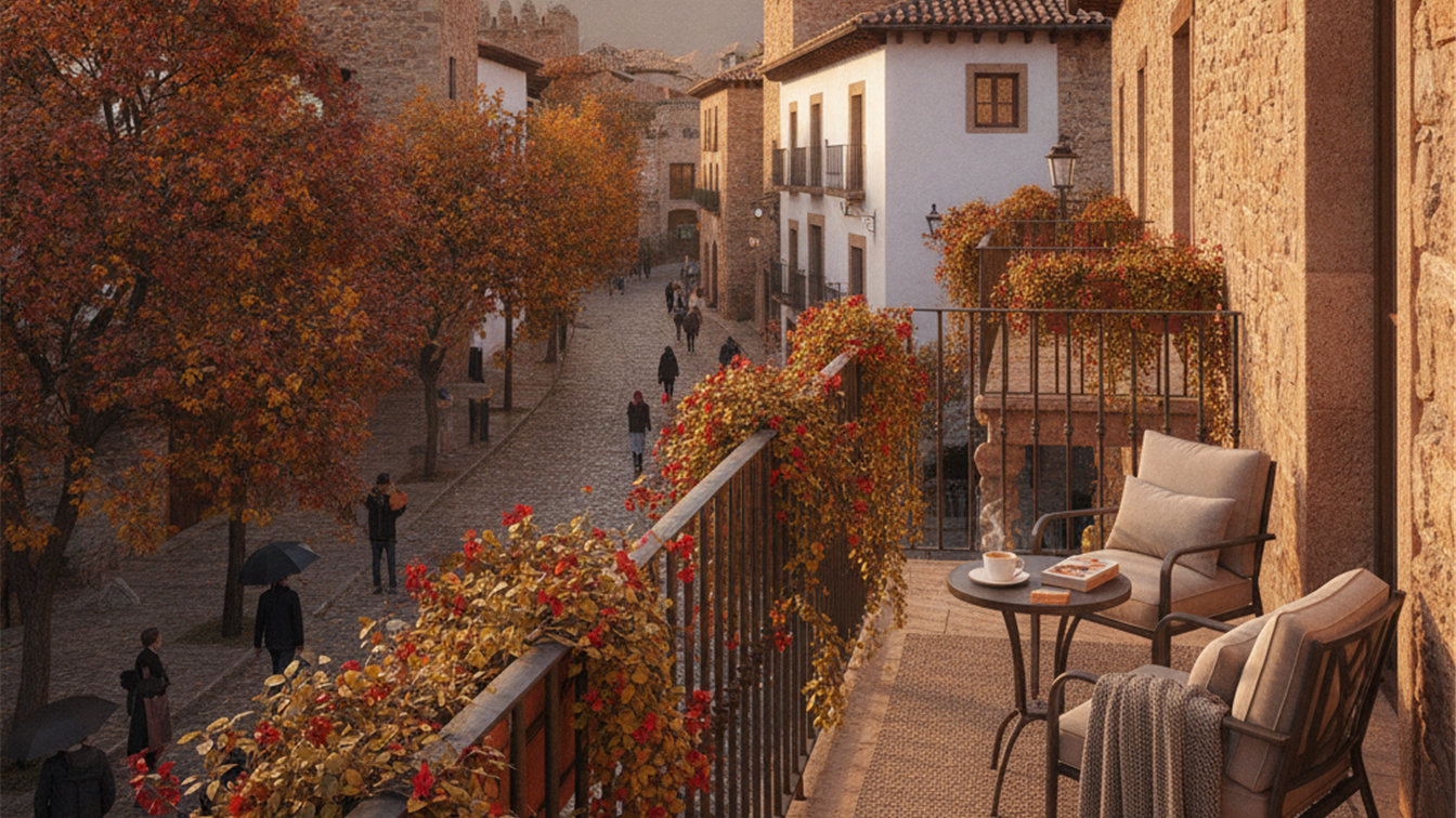 Balcon de hotel con vistas a un casco antiguo espanol en otono