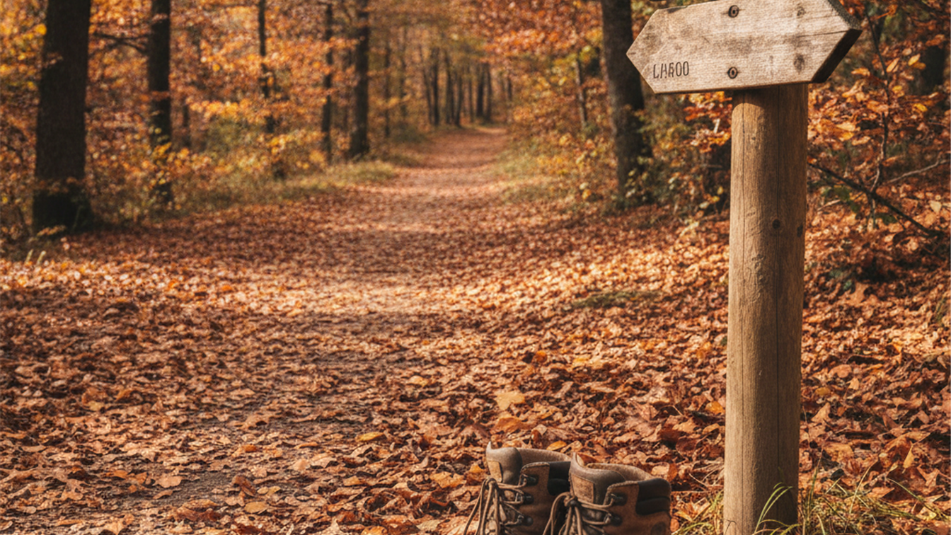 Detalle de botas de senderismo y senal de ruta en un bosque en otono en Espana