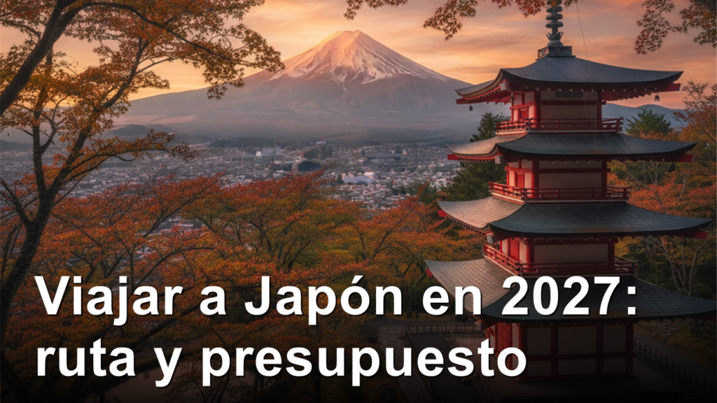 Monte Fuji al amanecer con una pagoda tradicional y arboles de otono