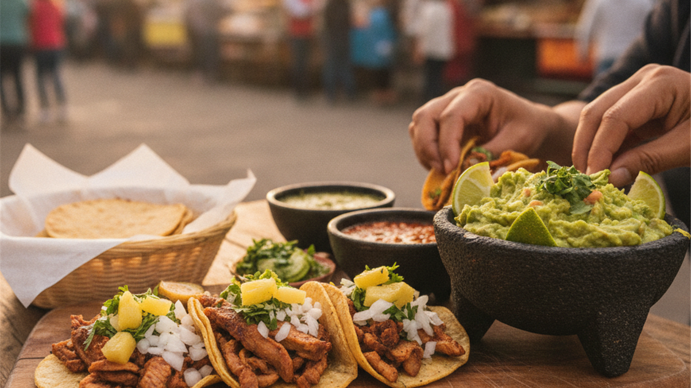 Tacos al pastor y guacamole en un mercado mexicano