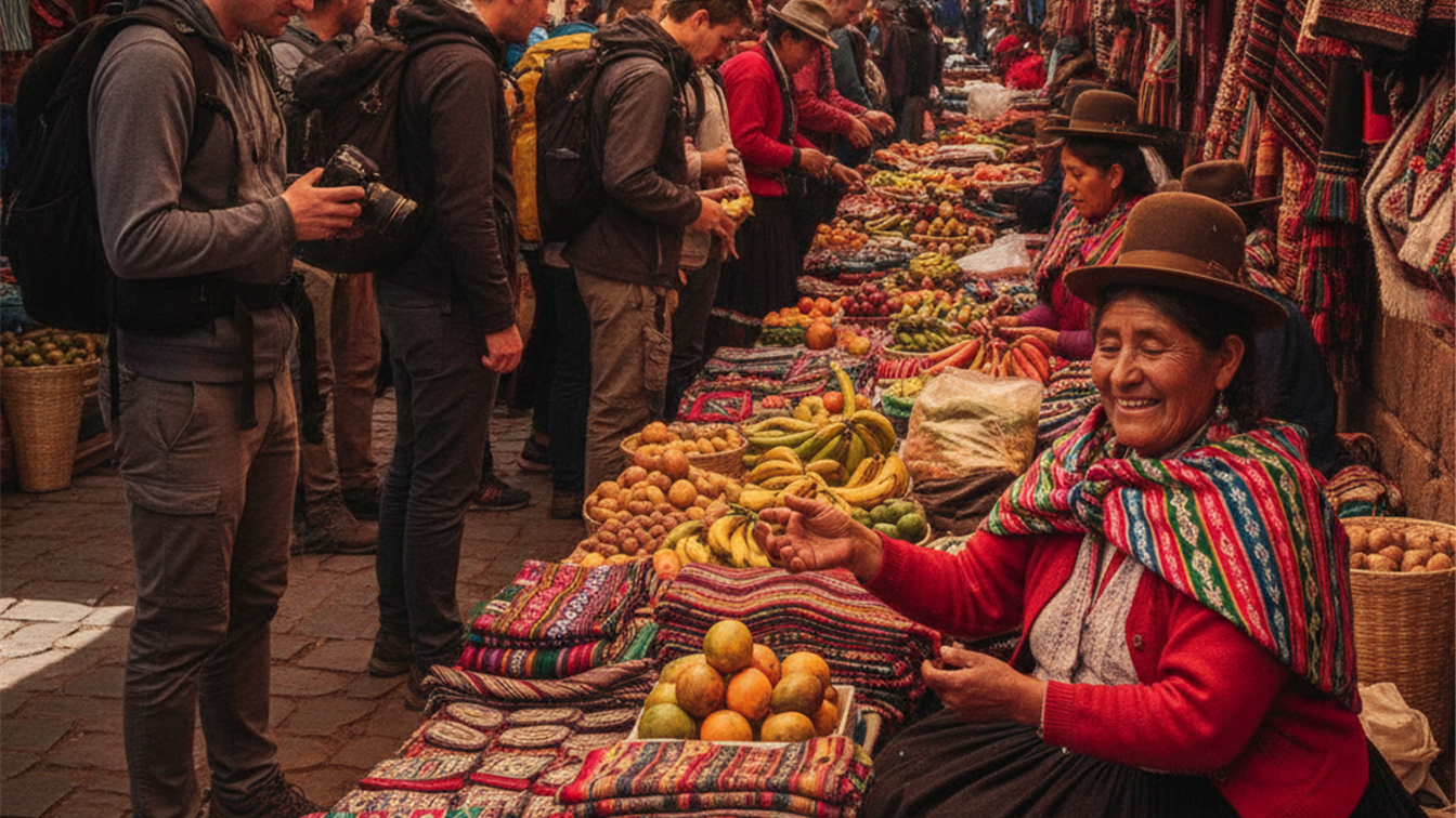 Mercado de artesania y fruta en Cusco con viajeros y una mujer local