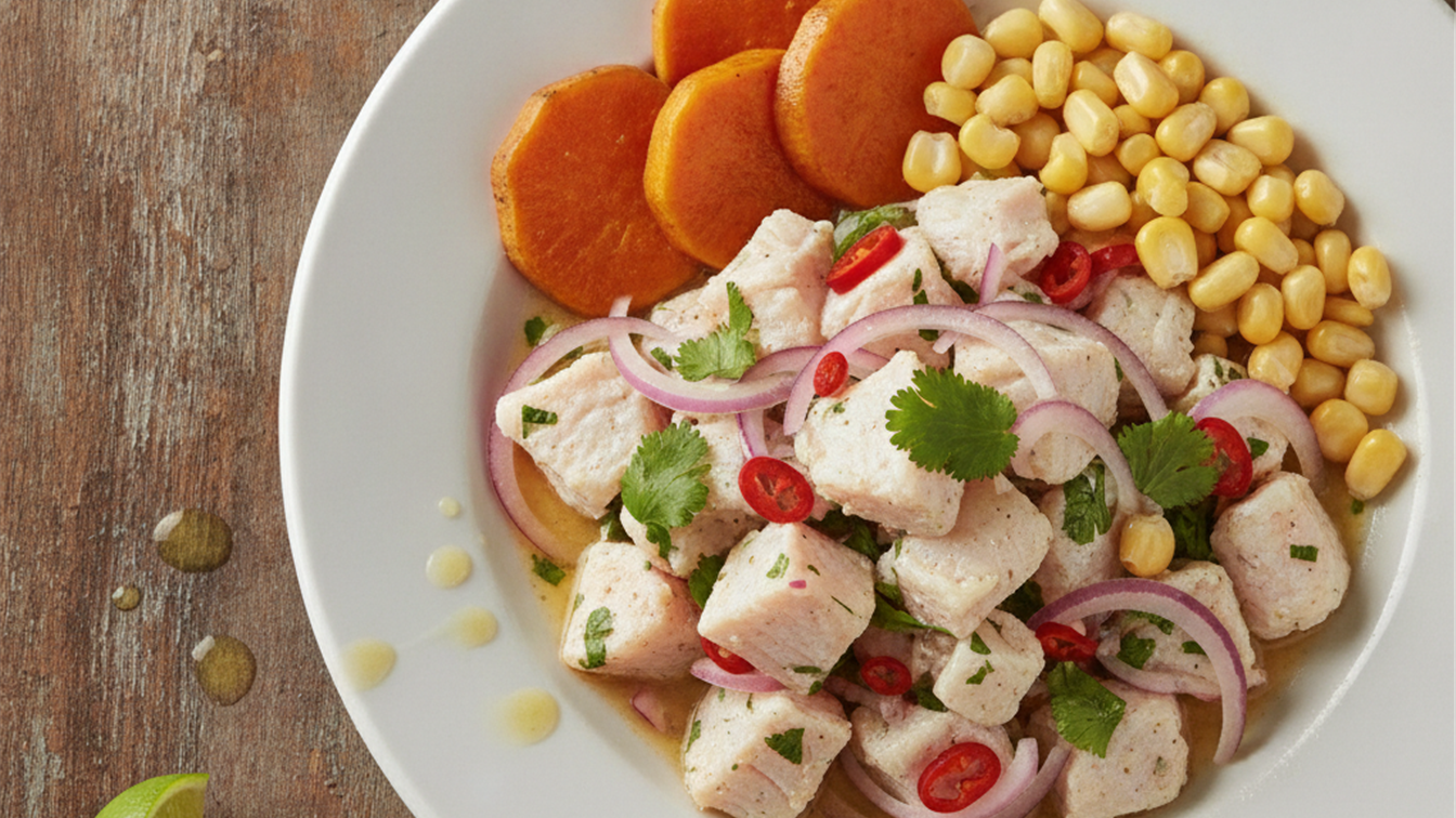 Plato de ceviche peruano con camote y maiz